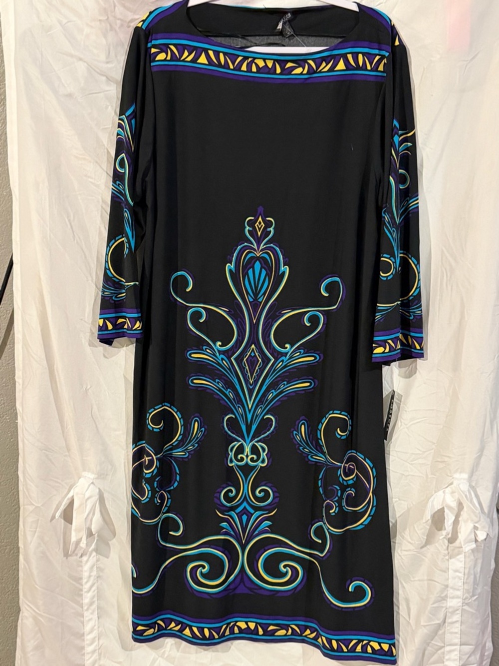 Black Long-Sleeve Shift Dress with Teal & Purple Scroll Print